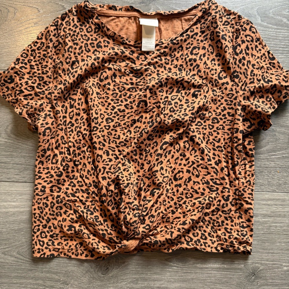HM Womens Small Leopard Print Front Knot Crop Top Short Sleeve Brown Black